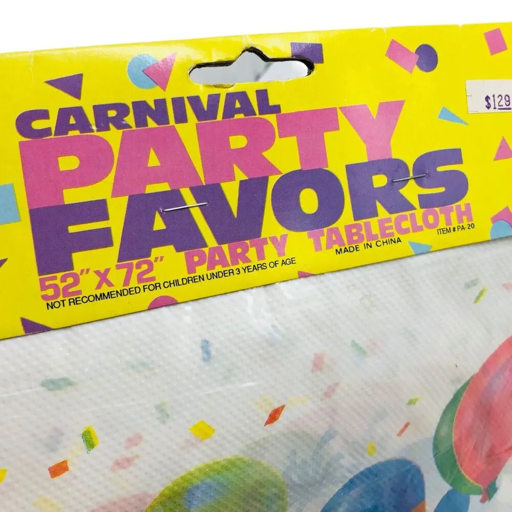 VTG Birthday Plastic Tablecloth Sweets Ice Cream Cone Clown Confetti 52” X 72”